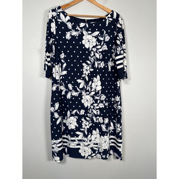 Eliza J Dresses & Skirts - Eliza J Floral and Dot Print Shift Dress Womens Size 18 Navy White